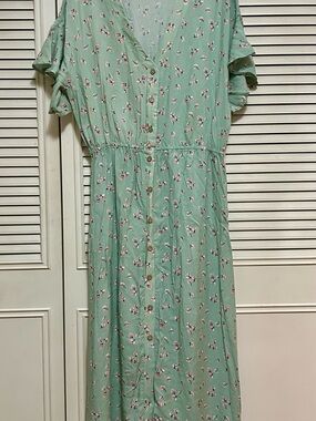 Liberty Love 1X Mint Green Floral Button Maxi Dress Romantic Flutter Sleeve